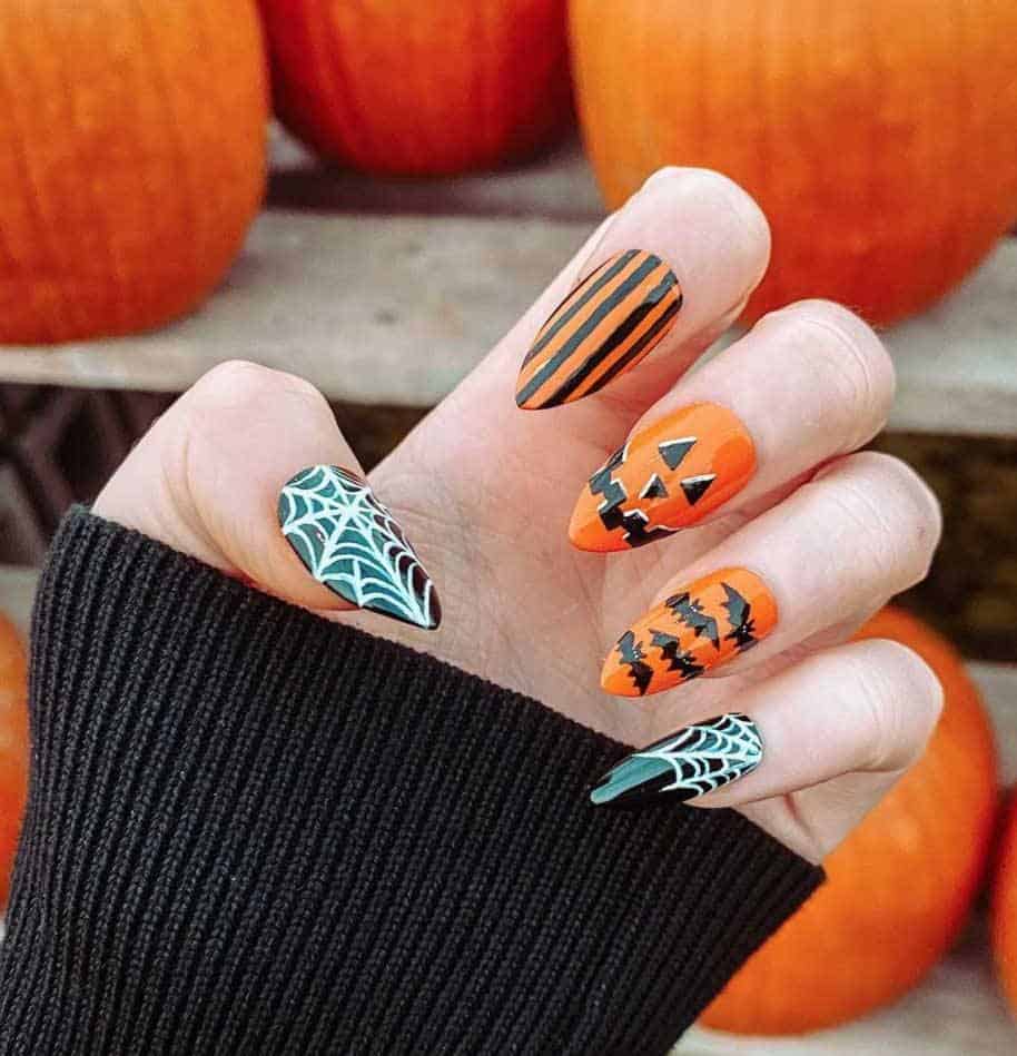 Pumpkin and Spider Web Nails
