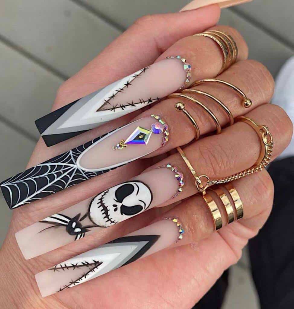 black & white halloween nails