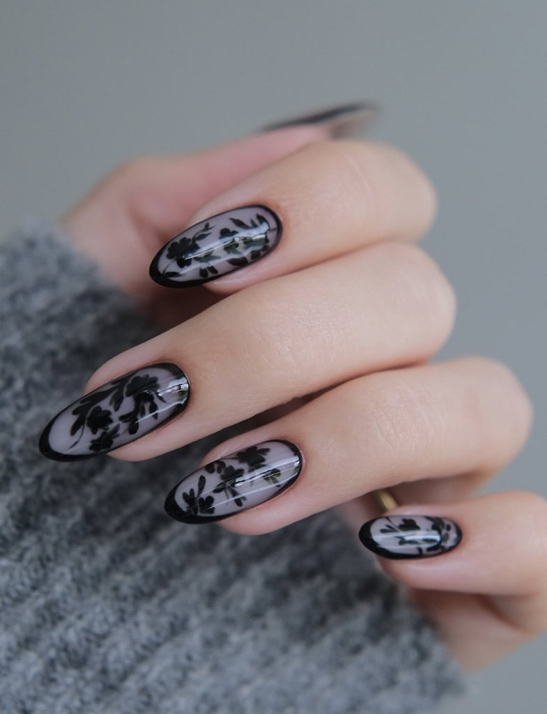Monochrome Floral Nails