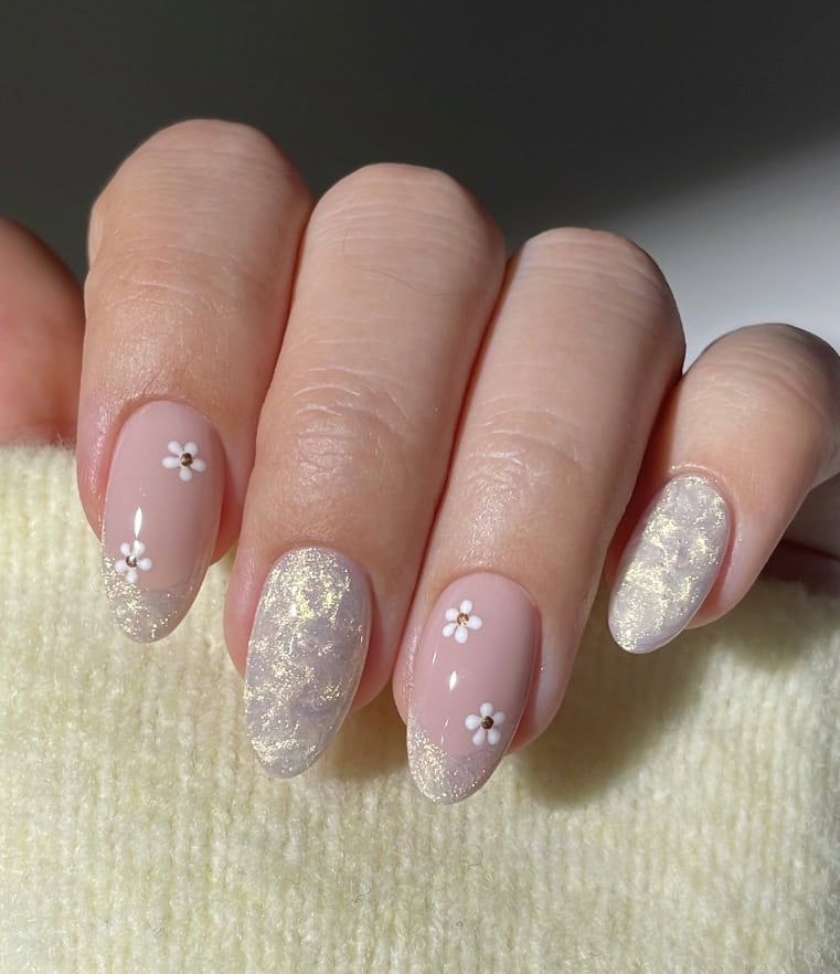 Pearly Floral Nails