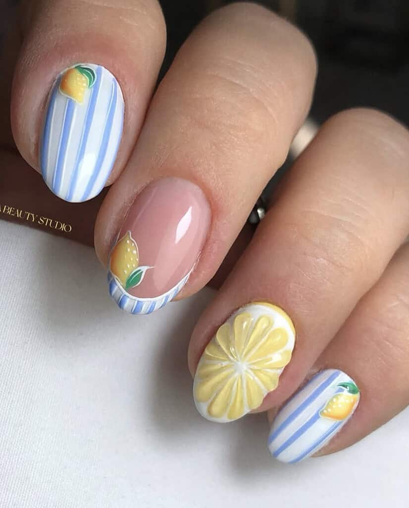 Lemon & Blue Stripe Nails