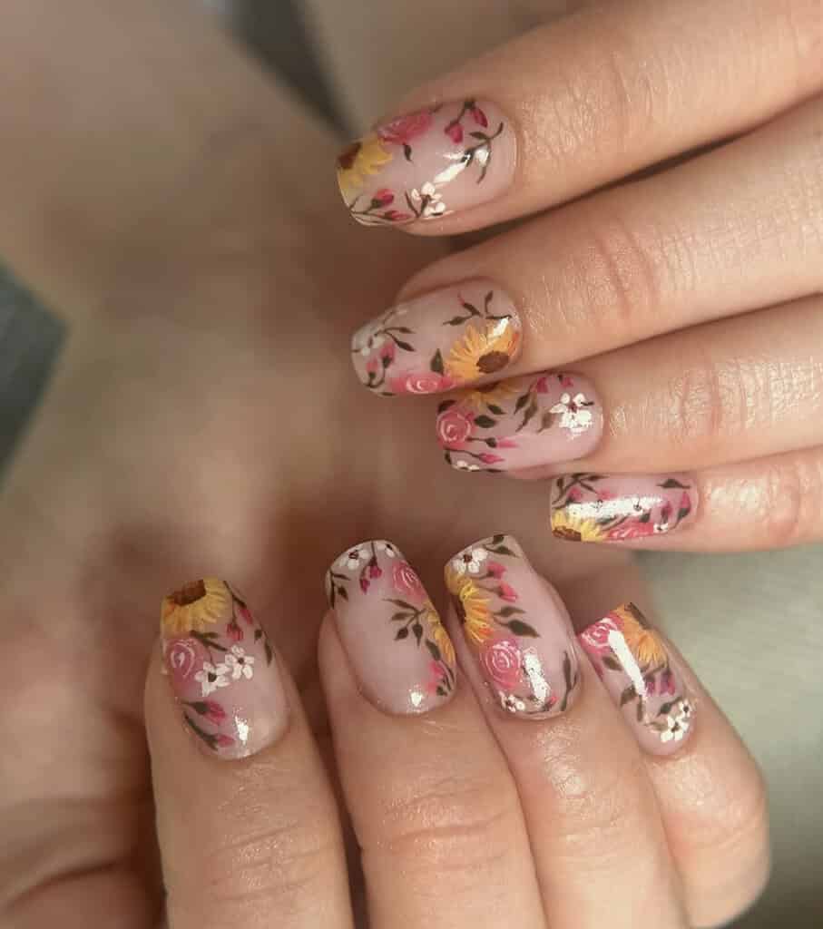 Sunflower & Roses Nails