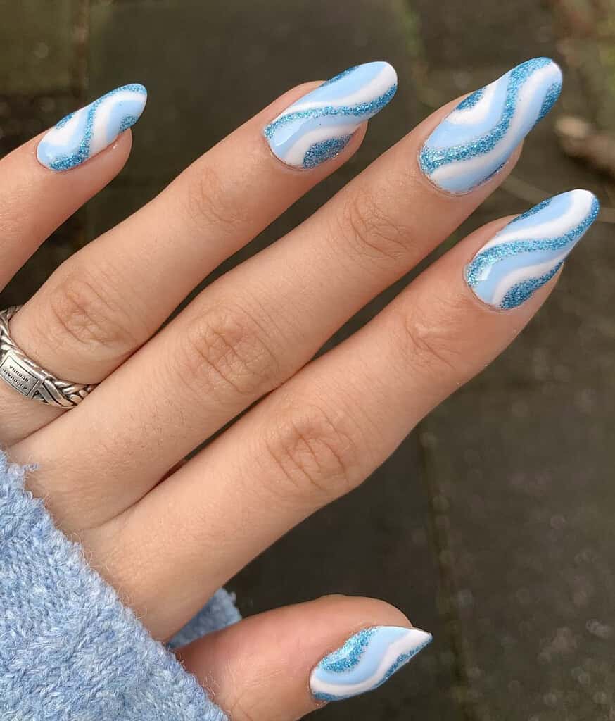 Blue and White Swirl Nails